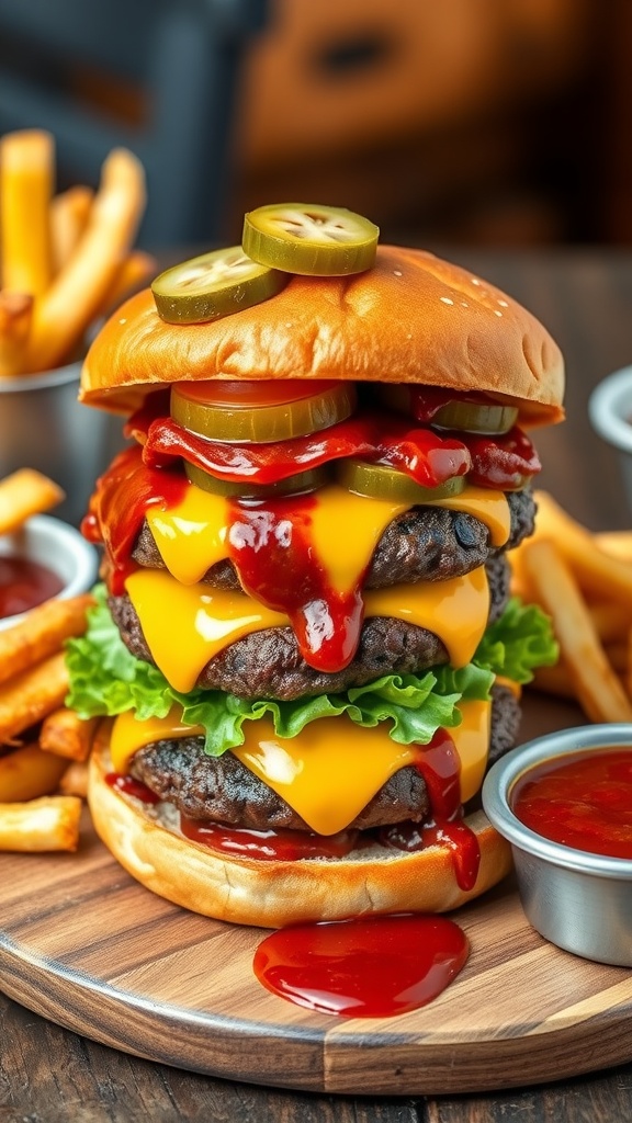 A juicy barbecue cheeseburger with melted cheese, fresh vegetables, and barbecue sauce on a wooden table with fries.